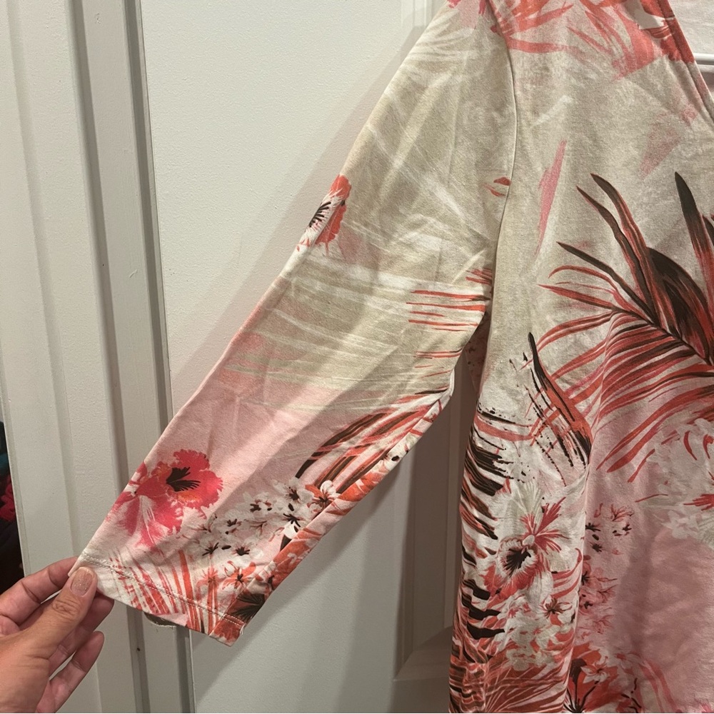 Chico's Pink & White Floral Top Blouse Stretch Cotton Casual 3/4 Sleeve … - Picture 2 of 5